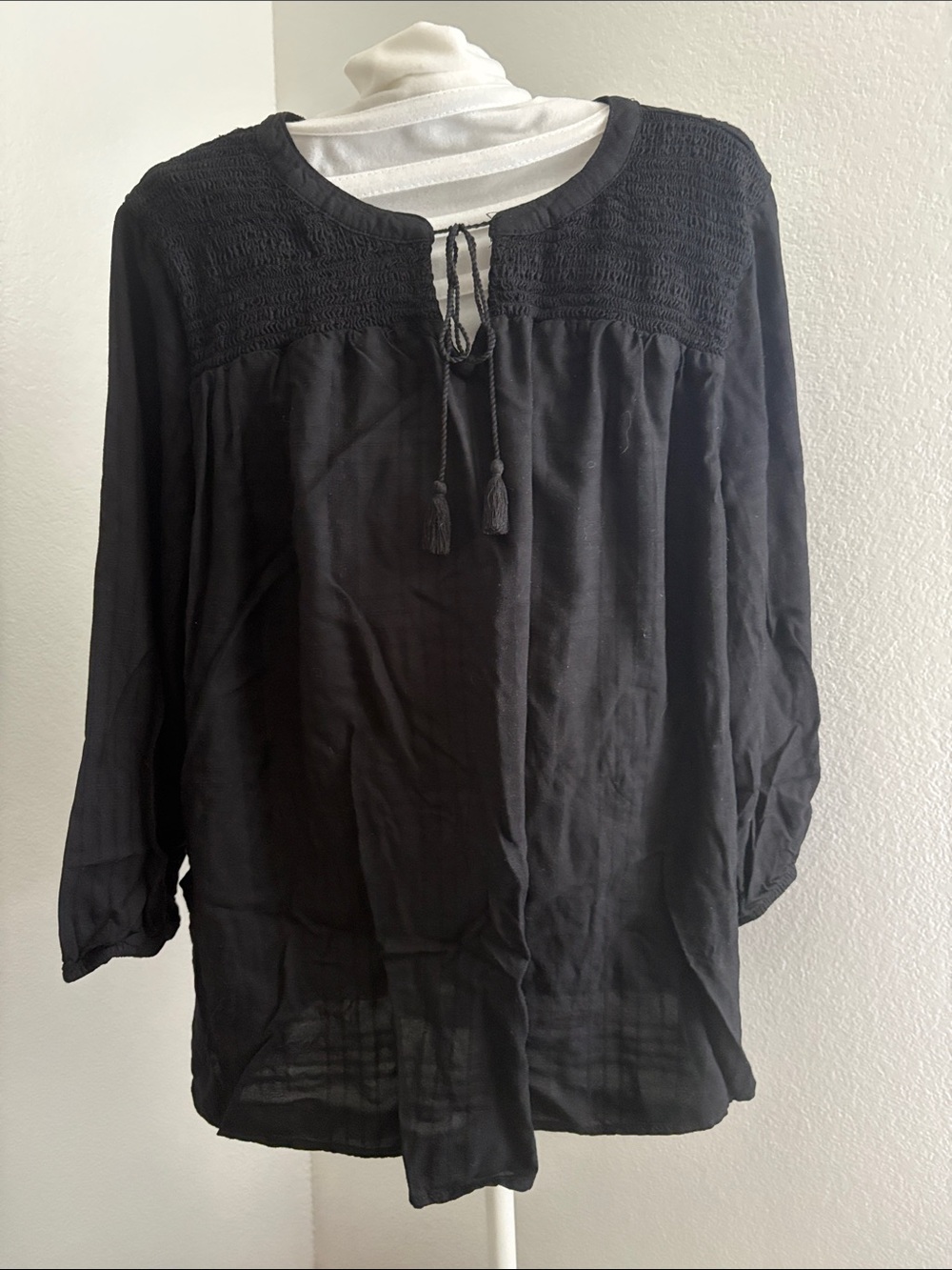 Time and Tru Black Smocked Yoke Tunic with Tassel Tie